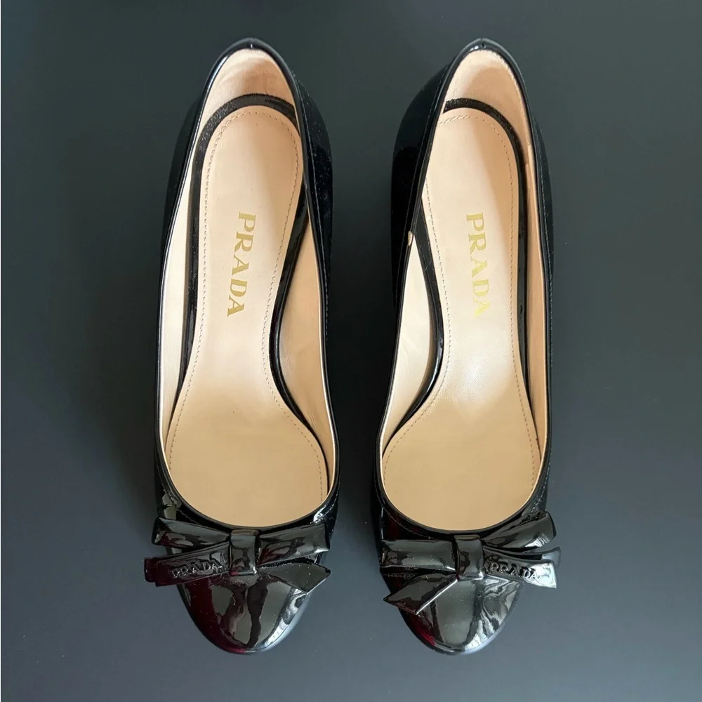 Prada Black Patent Leather Heels with Bow